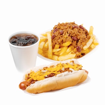 hot dog with cheese and chili cheese fries with soda gut health